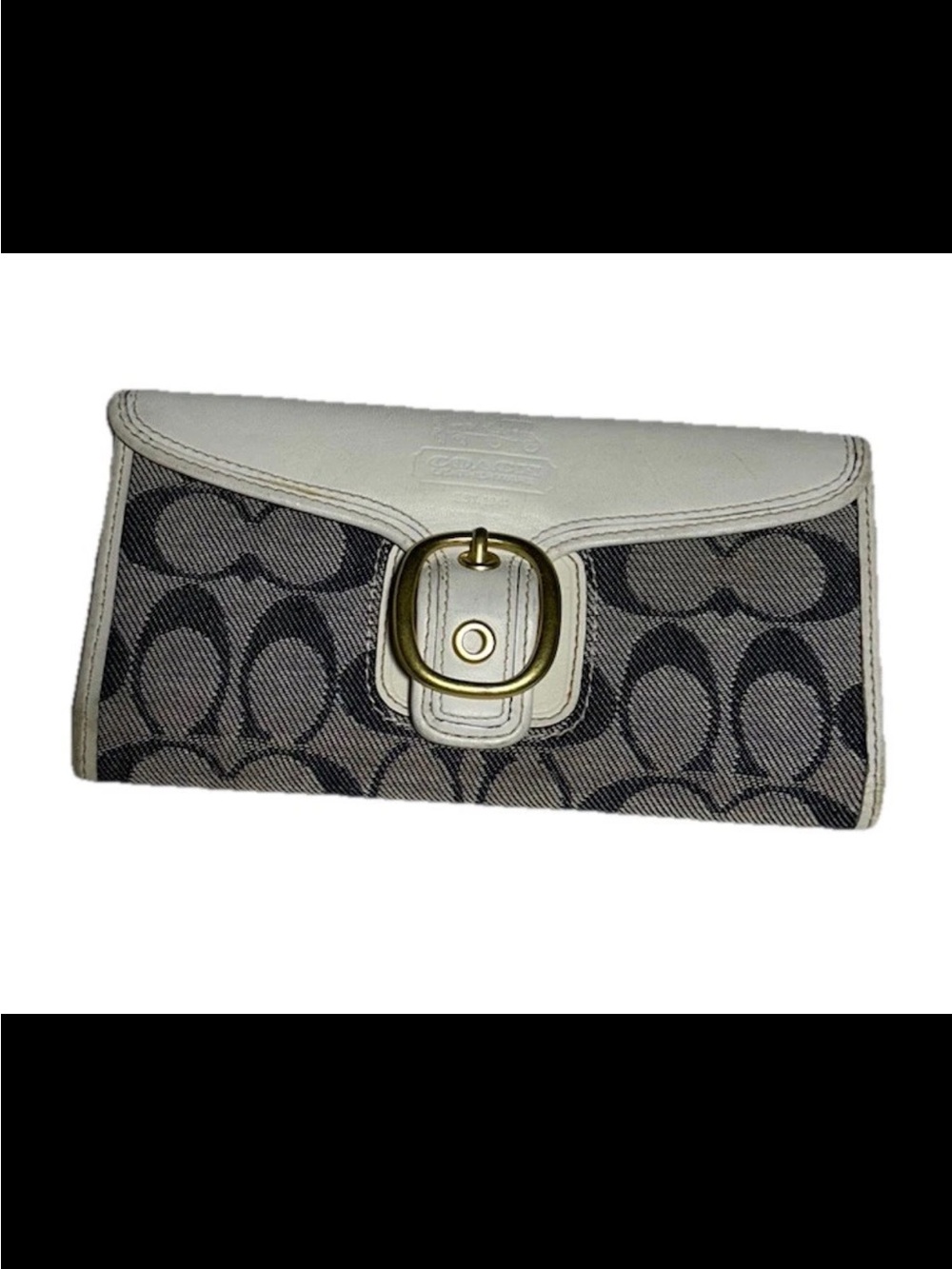 Coach Legacy Full Size Wallet, Signature Denim, White Leather Trim, Brass Buckle